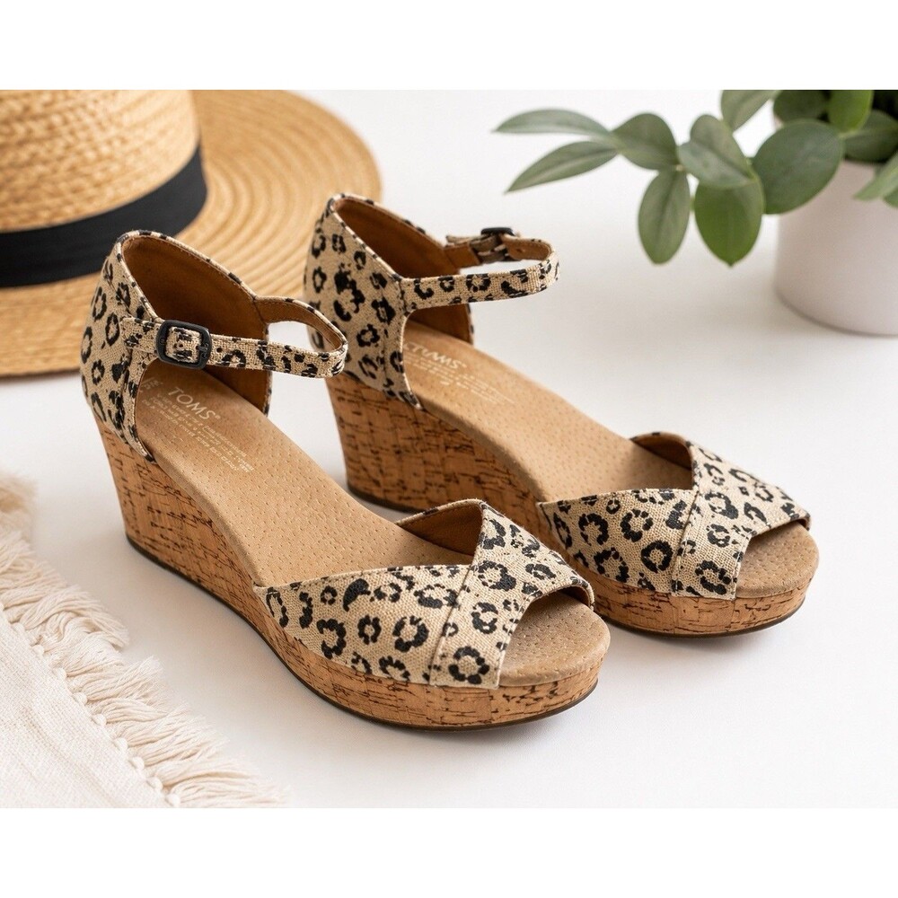 TOMS Leopard Print Canvas Buckle Sandal With Cork Wedge Heel Size US6.5